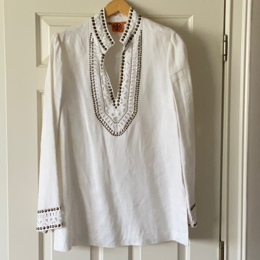 Tory Burch Linen Tunic in White with Metallic Detailing and Cutwork